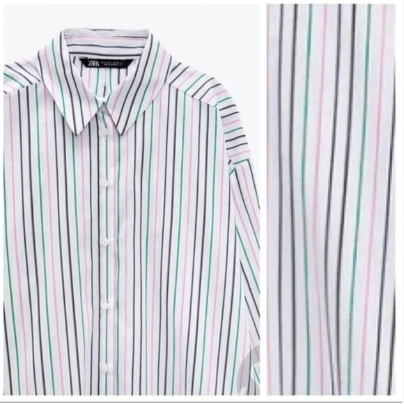 Zara White Striped Cotton Oversized Blouse/Shirt. Size s - Picture 4 of 10